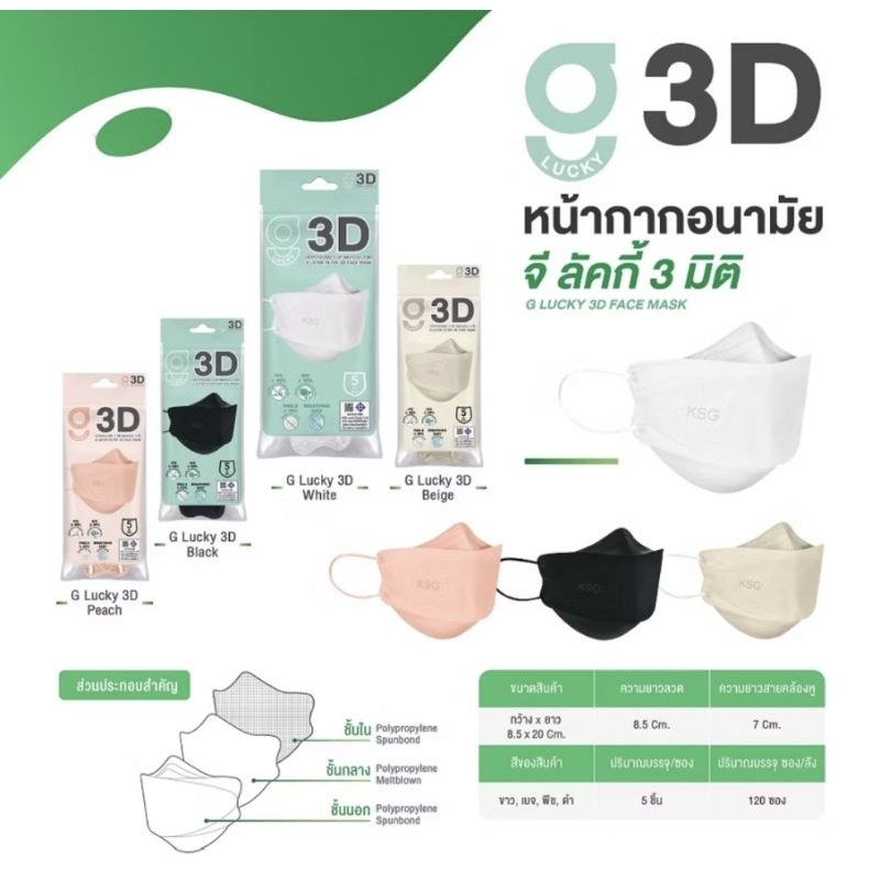 หน้ากากอนามัย 3D G-Lucky Mask แบบซอง 5 ชิ้น หนา 3 ชั้น ผลิตภายในประเทศ