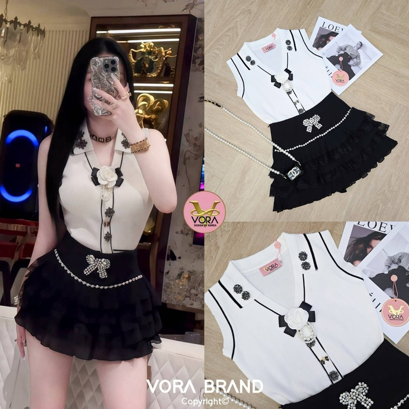 M12 งานป้าย Vora Set ชุดเซ็ทกระโปรงสั้นจับจีบซับในกางเกง มีเข็มกลัดดอกไม้ สำหรับผู้หญิง เสื้อผ้าแฟชั่นผู้หญิง ไซส์ Xs-L