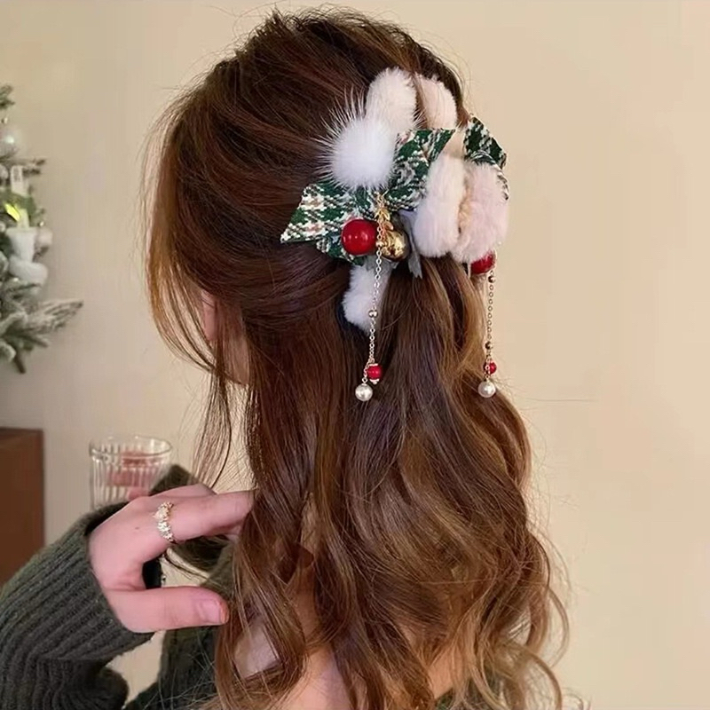 🎀{พร้อมส่ง}กิ๊บหนีบผมคริสต์มาสโบว์แดงเขียวขนนิ่ม กิ๊บติดหัวประดับสวยหรู