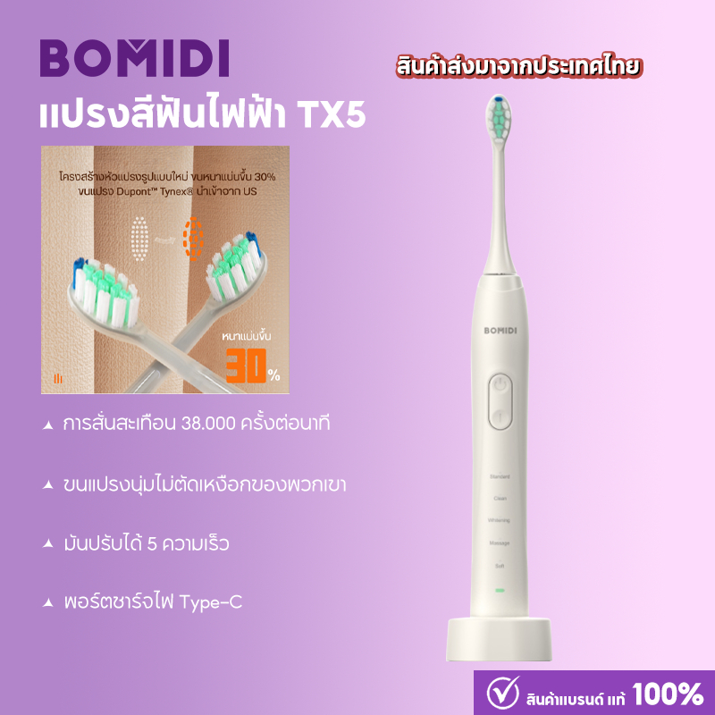【ส่งจากไทย】BOMIDI แปรงสีฟันไฟฟ้า TX5 กันน้ำ IPX8 อ่อนนุ่ม ถนอมปกป้องเหงือกและฟัน ชาร์จไฟทนทาน USB