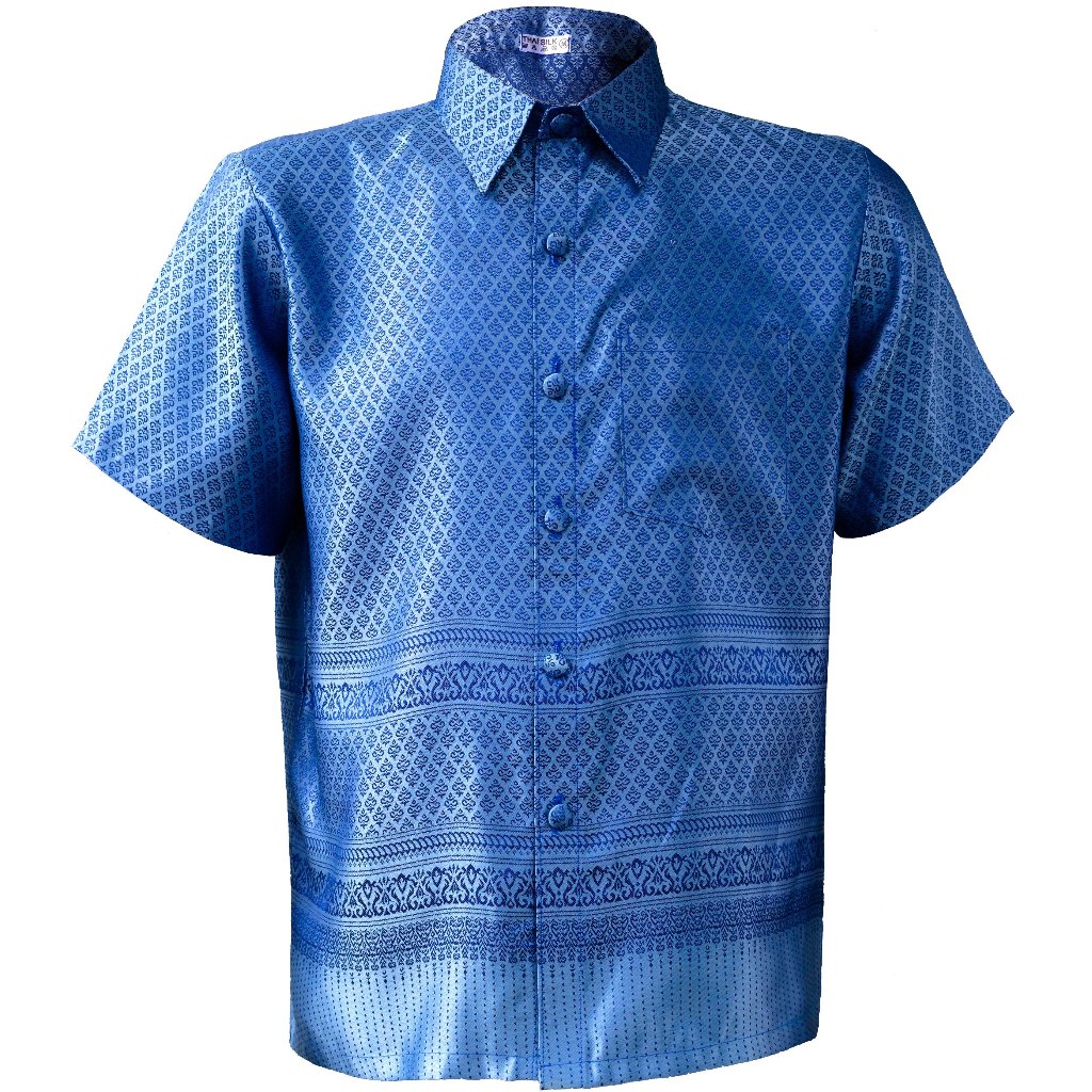 เสื้อไทยผู้ชาย ผ้ามีลวดลายในตัว ยี่ห้อไหมไทย คอปก แบบผ่าอก คาดชาย