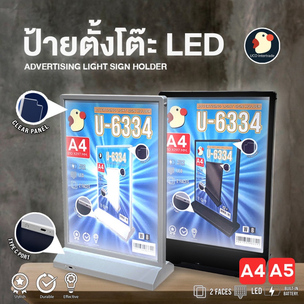 *มีไฟLED* ป้ายตั้งโต๊ะ ป้ายอะคริลิค A4 A5 ตั้งหน้าร้าน โชว์เมนู ร้านไม่มืด มีแบตชาร์จ+สาย ในตัว type-C เกรดAAA