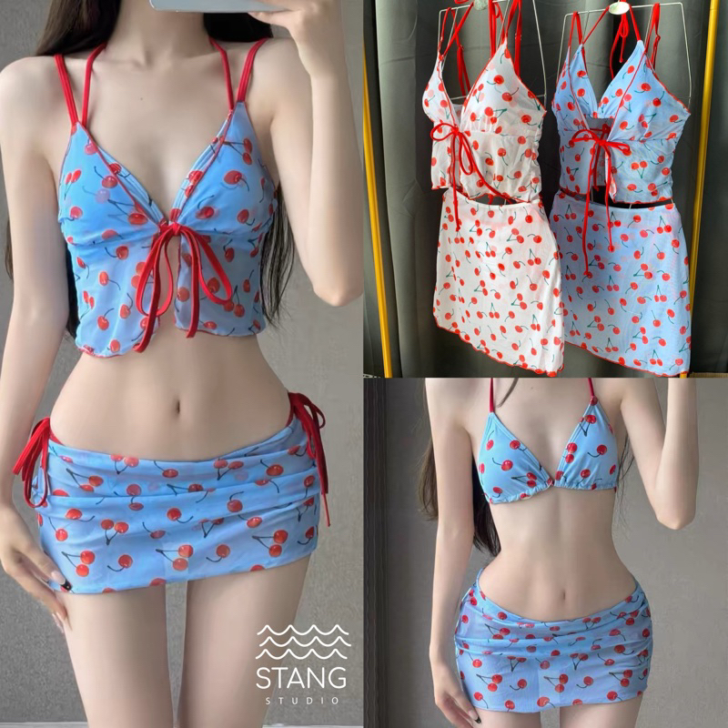 Cherry Bikini ชุดบิกินี่ เซต4ชิ้น blue /white ชุดว่ายน้ำแฟชั่น ผูกเอว เอวสูง ชายหาด