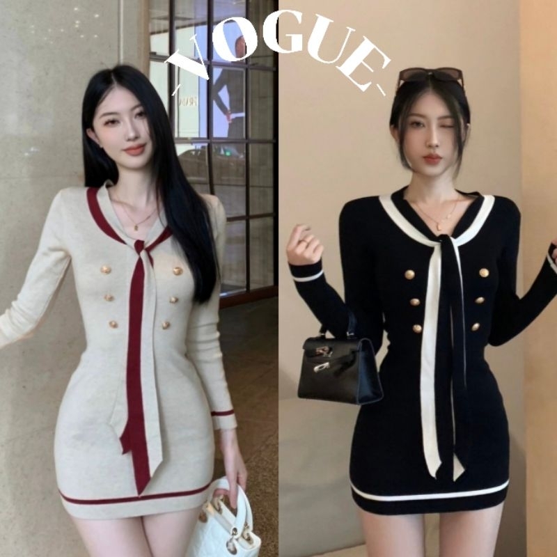 Vogue พร้อมส่ง ชุดมินิเดรสไหมพรม แขนยาว คอปก ผ้าร่องทรงรัดรูปใส่สบาย (Z-Q46)