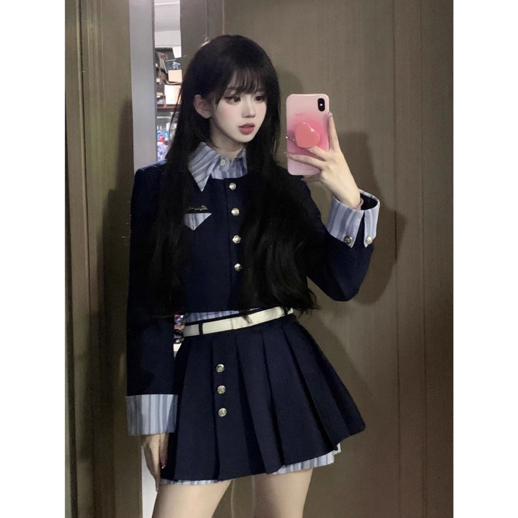 ✨In Stock✨ เกาหลีวิทยาลัยลมชนสีปลอมสองชิ้นด้านบน + เอวสูงจีบกระโปรงสองชิ้น - รูปที่ 7