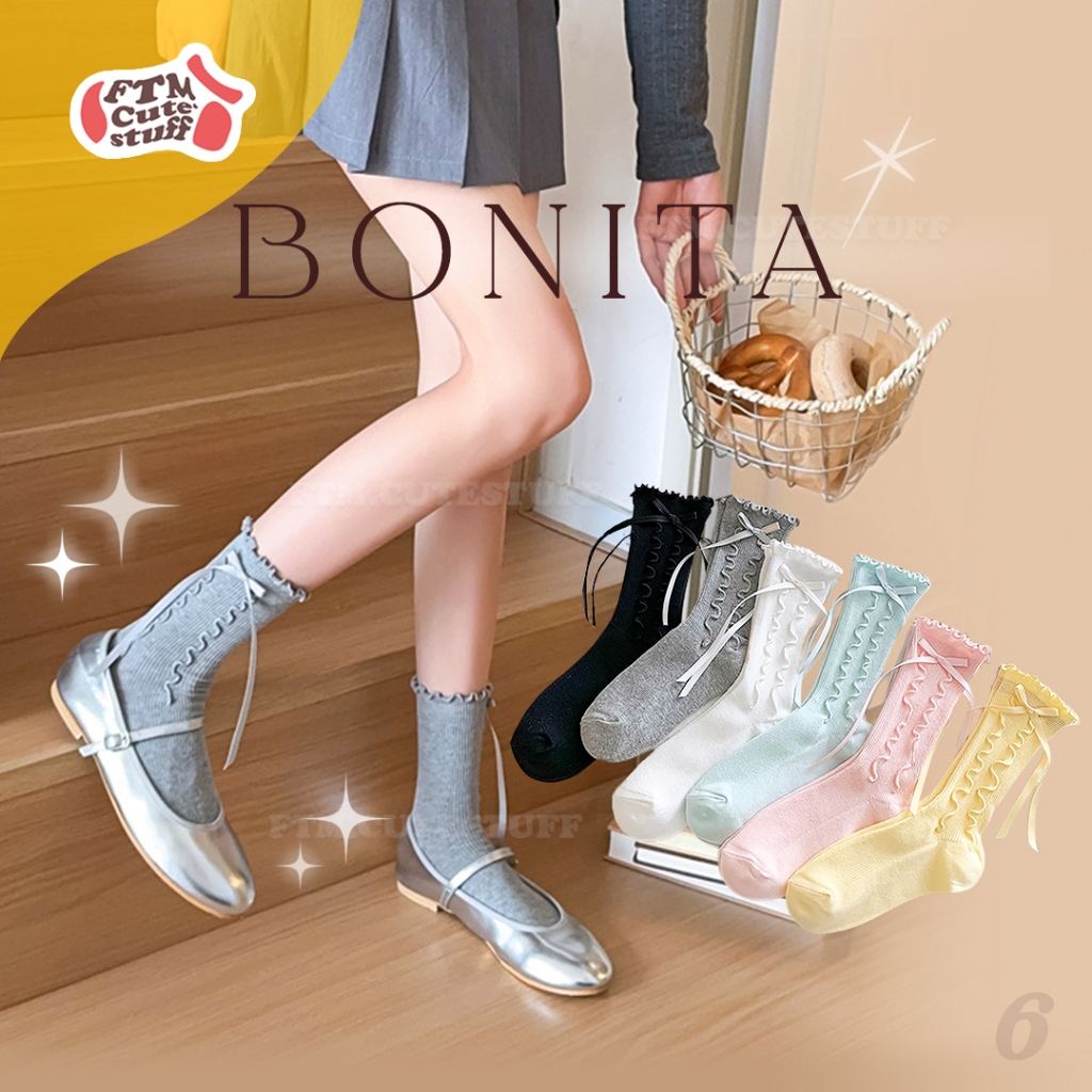(พร้อมส่ง ) ถุงเท้าขอบย่น ข้อกลาง รุ่น Bonita ถุงเท้าขอบย่นริ้วโบว์ ขอบย่นสีพาสเทล พร้อมส่ง 6 สี