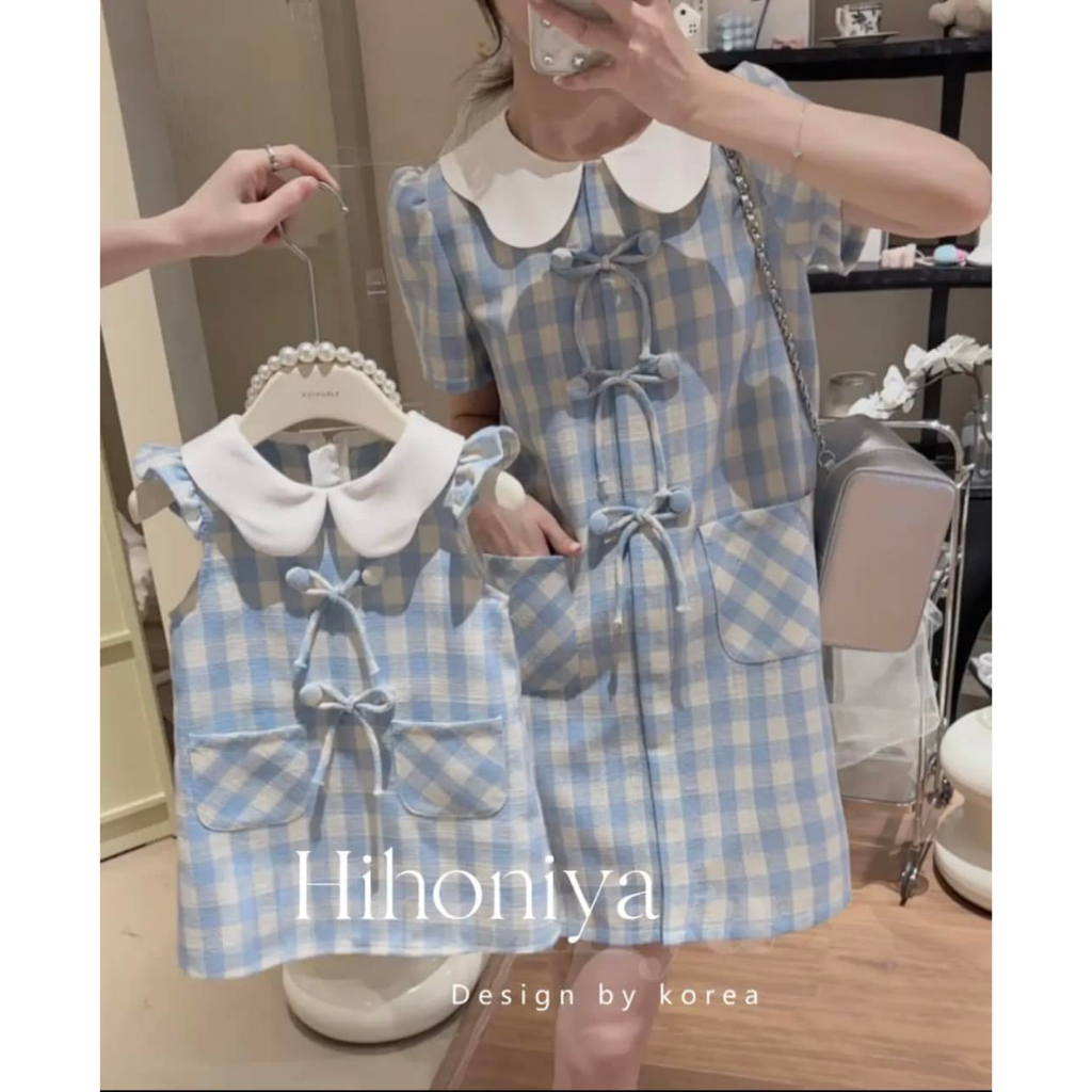 พร้อมส่ง ชุดคู่แม่ลูก 𝐌𝐢𝐍𝐈 𝐒𝐂𝐎𝐓𝐓 𝐃𝐑𝐄𝐒𝐒 ลายสก็อตสีฟ้า