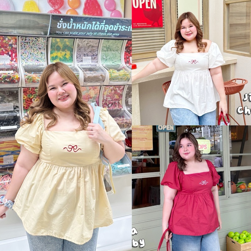 เสื้อคอเหลี่ยม แขนบอลลูน เสื้อสาวอวบไซซ์ใหญ่ อก38-52นิ้ว Freesize