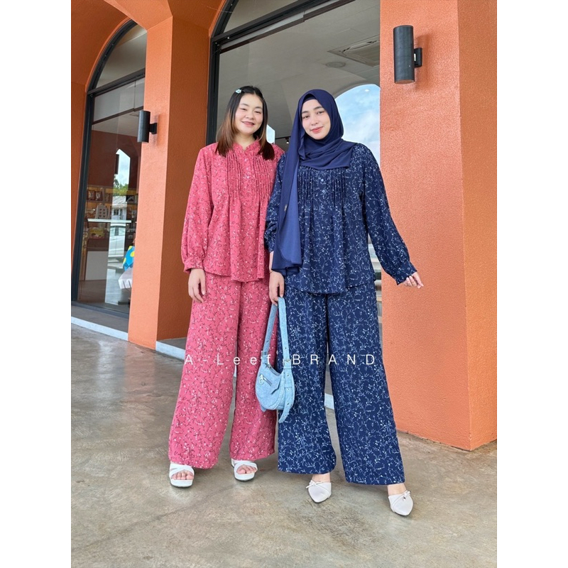 A35ชุดเซ็ตเสื้อคอจีนแต่งจีบอกผ้าสลาฟลายดอก