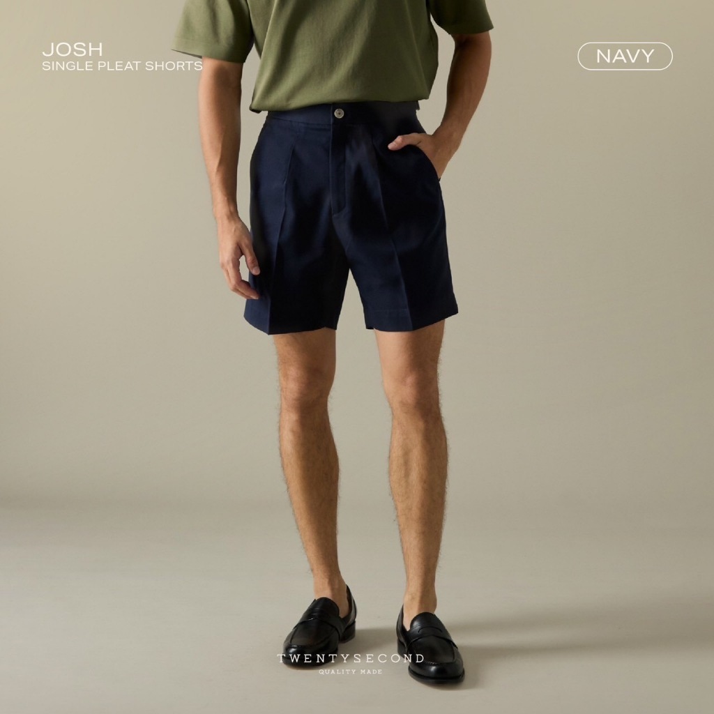 TWENTYSECOND กางเกงขาสั้น ผ้าคอตต้อน ทรงเอวสูง รุ่น Josh single pleat shorts - กรม / Navy
