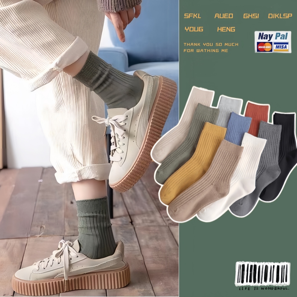 (ได้รับ 2-3 วัน)  จัดส่งจากประเทศไทย~ถุงเท้าผ้าฝ้ายแท้ 10 สีสไตล์ญี่ปุ่น unisex