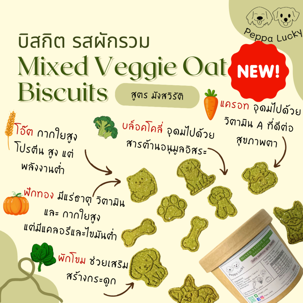 คุกกี้หมา รสผักรวม(สูตร มังสวิรัติ) ไม่มีเนื้อสัตว์ แพ้เนื้อสัตว์กินได้ ขนมหมา ขนมแมว ขนมสัตว์เลี้ยง