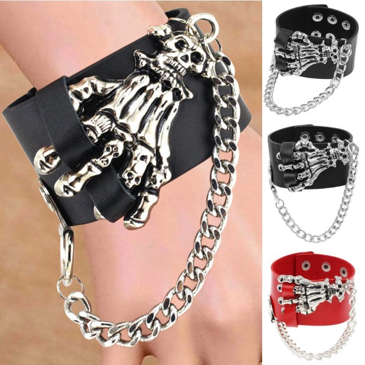 สร้อยข้อมือ กำไล ข้อมือ หนัง Retro Men's Skull Ghost Claw Domineering Exaggerated Punk Non-Mainstream PU Leather Bracele