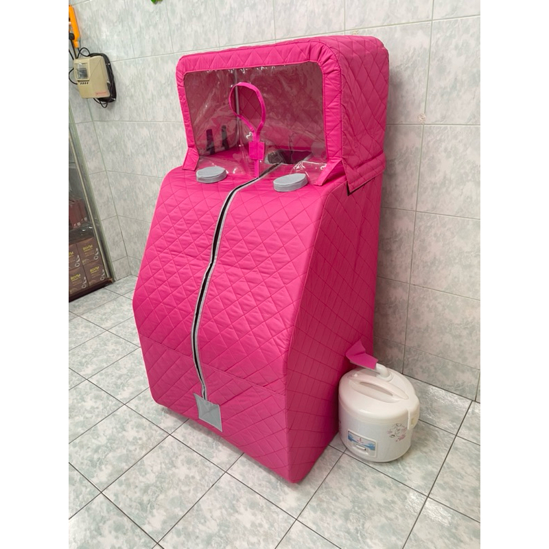 Sauna รุ่นR01s ชมพูพร้อมที่อบผม อบสมุนไพรทั้งตู้ ผ้าบุ3ชั้นเก็บควาร้อน โครงอลูมิเนียมมีที่นั่งในตัวพ