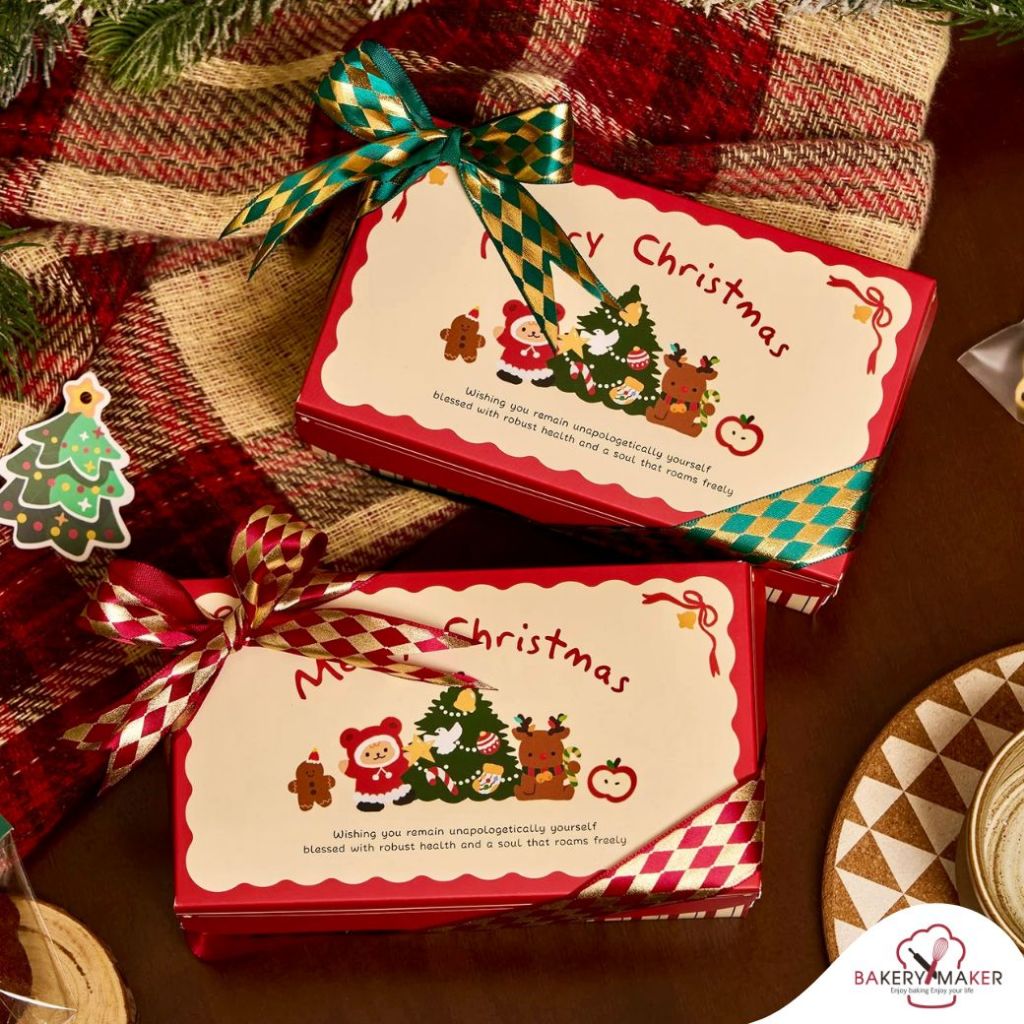 กล่องกระดาษ พิมพ์ลาย Christmas 5 ใบ (ไม่รวมโบว์) กล่องคุกกี้ สับปะรด คริสต์มาส สไตล์เกาหลี กล่องฝาติด