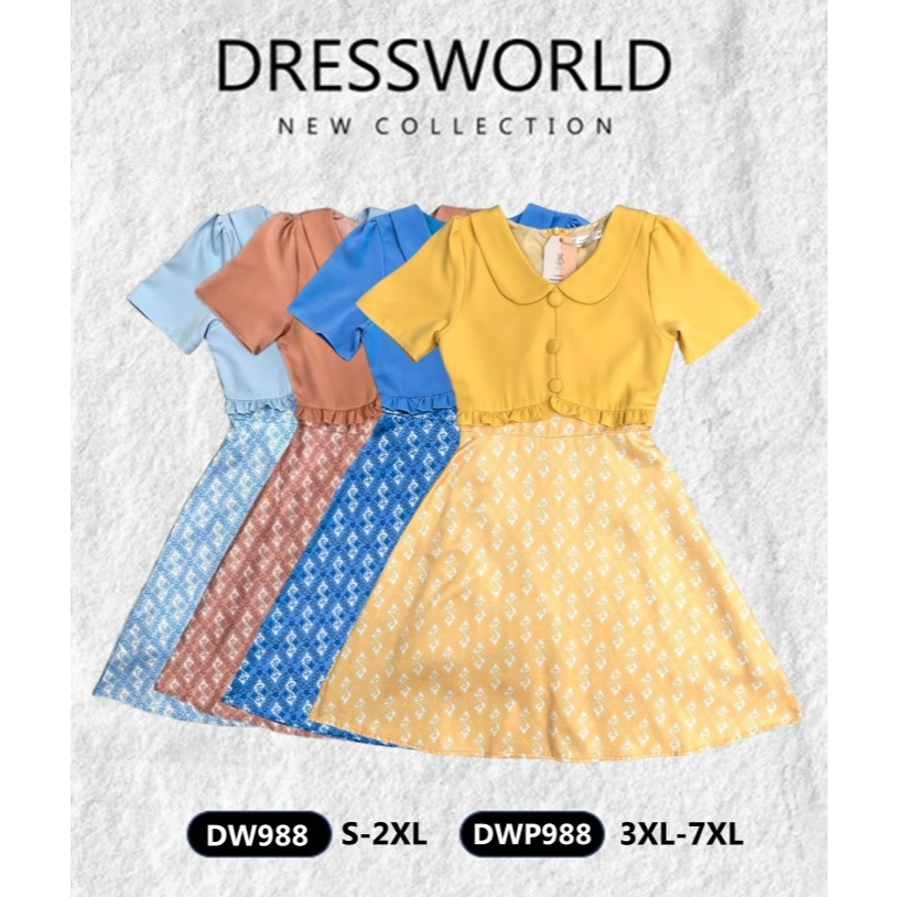 {S-7XL} 988 งานป้าย Dress World ชุดเดรสสั้นลายไทย กระโปรงลายขอ ทรงบาน รีบจับจองกันเลยค่า