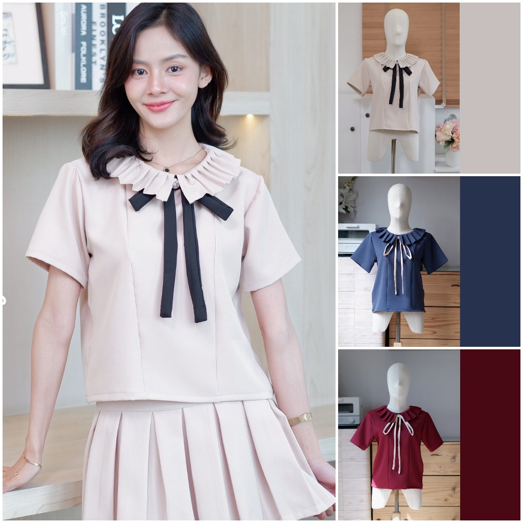B25 เสื้อเเขนสั้น คอปกระบาย อัดจีบ แพตเทิร์นน่ารักมาก ใส่ทำงาน ใส่เที่ยวได้ Easter Egg
