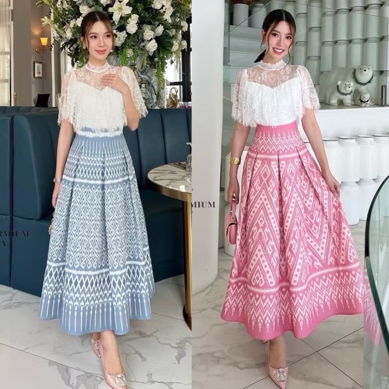 ชุดไทยจิตรลดาโทนสีขาวชมพู ผ้าอัดกาว มีซับใน ใส่งานบุญสวยๆ