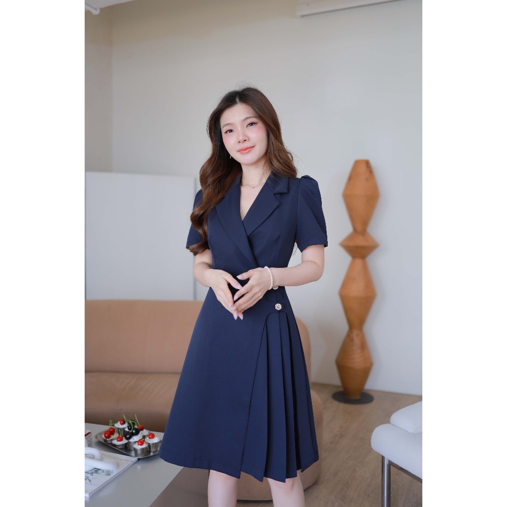 Romi"Oil" J484 ชุดเดรสสีกรม (ติดกระดุมดอกไม้ด้านหน้า)