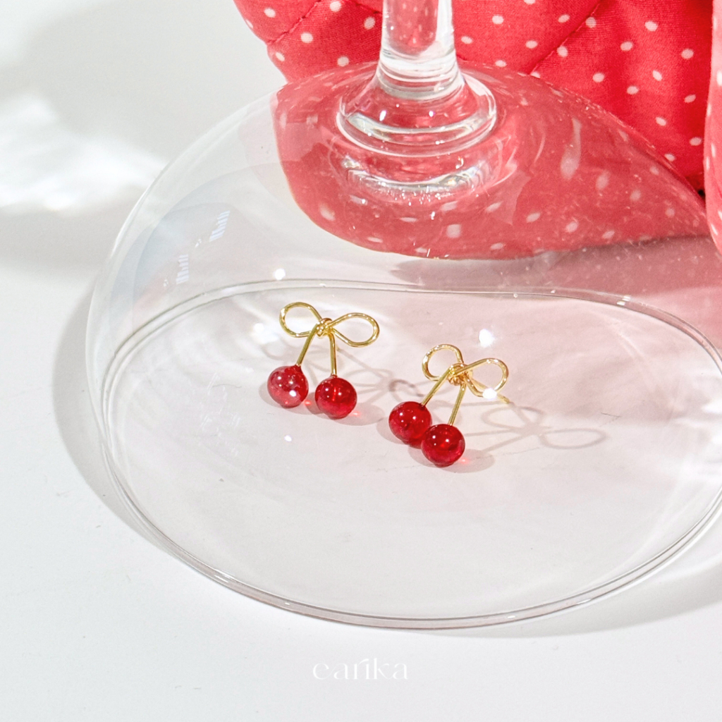 earika.earrings - cherry bomb stud ต่างหูเชอรรี่เม็ดกลมสีแดงเงินชุบทอง ผิวแพ้ง่ายใส่ได้