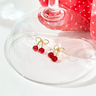 earika.earrings - cherry bomb stud ต่างหูเชอรรี่เม็ดกลมสีแดงก้านเงินแท้ชุบทอง ผิวแพ้ง่ายใส่ได้