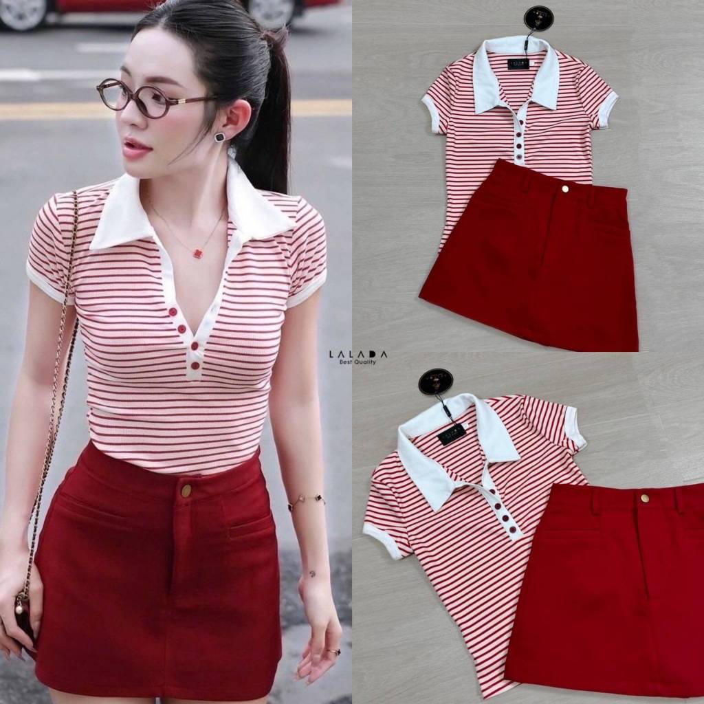 LALADA set 2 ชิ้น เสื้อยืดคอปก ลายริ้วแดง(*สอบถามสต๊อกก่อนกดสั่งน๊า)