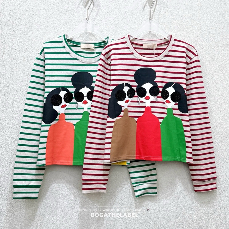 Alice&Olivia ladies long sleeve 🥨 🅽🅴🆆✨เสื้อแขนยาวตัวสั้นผ้านุ่มๆ ลายสกรีนผสมงานปักเลื่อม