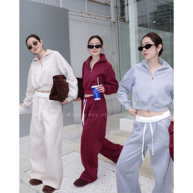 พร้อมส่ง Airport look set ชุดเซ็ต2ชิ้น เสื้อครอปสเวตเตอร์ กางเกงวอร์มขายาว ผ้าคอตตอลบุสำลี amuse