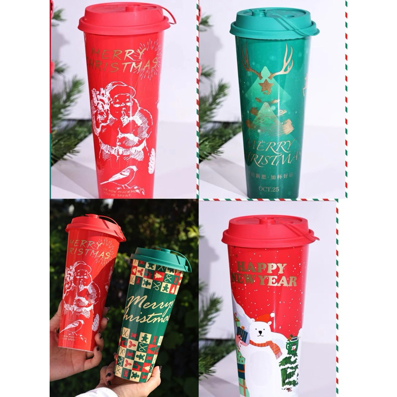 【10บ】แก้วพลาสติกPPอย่างหนาลายคริสต์มาสขนาด22ออนซ์แก้วreus