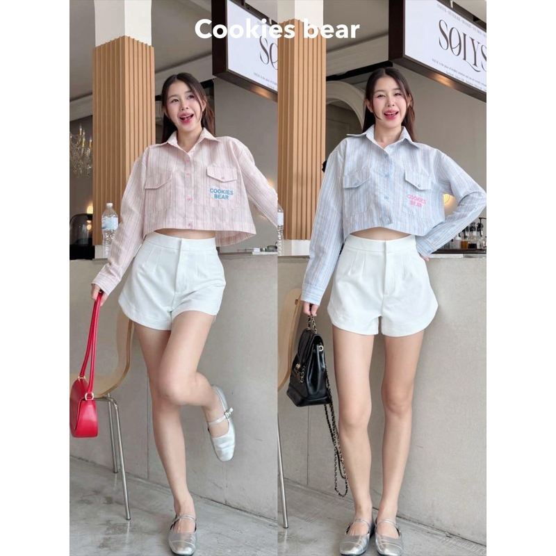 Cookie Bear ครอปแขนยาวผ้าริ้ว แต่งกระเป๋า ผ้าลินินสีพาสเทล