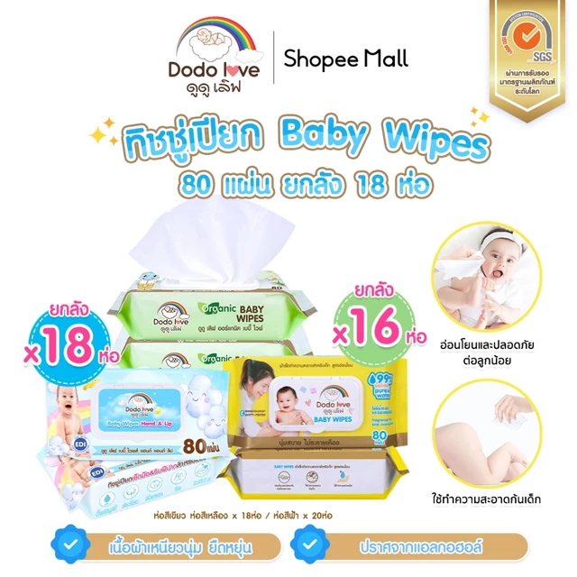 [ยกลัง16,18] DODOLOVE Baby Wipes ผ้าเช็ดทำความสะอาดสำหรับเด็ก ออร์แกนิค ห่อใหญ่ 80 แผ่น ทิชชู่เปียก