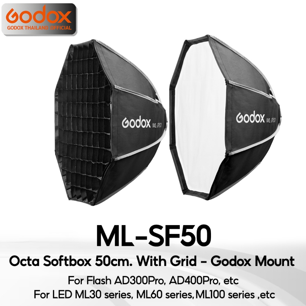 Godox Softbox ML-SF50 Octa Softbox 50 cm. with Grid (Godox Mount) For AD300Pro, AD400Pro,ML30 ML60 ML100 series, etc