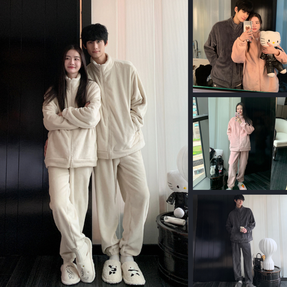 S80067 ชุดนอนผ้านาโน แขนยาวขายาว มีซิบ มีกระเป๋าเสื้อ ขนนิ่ม สีหวานพาสเทล ฟรีไซต์
