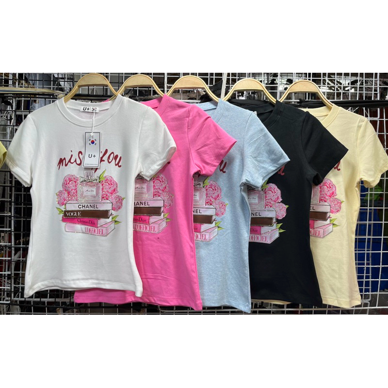 เสื้อยืดป้ายU+ผ้ายูนิโคว่ ตัวยาวแขนสั้น รีดเพชร น้ำหอมน้องชาสวยหวานมาก