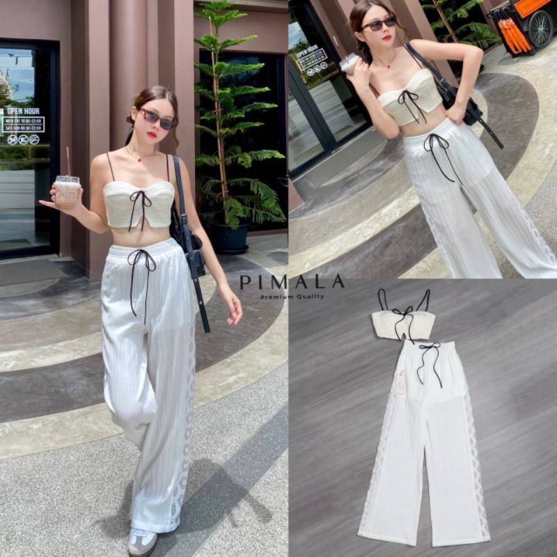 Pimala เซ็ทเสื้อสายเดี่ยวงานลูกไม้สวยแพงไม่มีคันระดับนี้มีสายสีดำเล่นสีตัดสีชุดมาคู่กับกางเกงขายาวเอวยืด