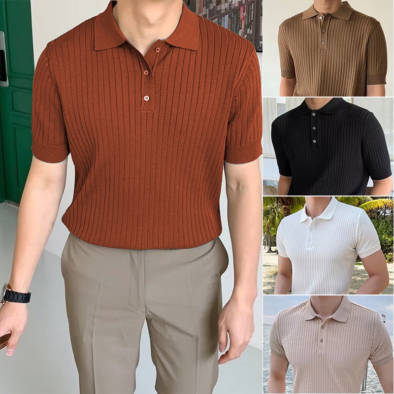 เสื้อโปโล คอปก แขนสั้น เข้ารูป ลําลอง สไตล์เรียบง่าย สําหรับผู้ชาย ลายขวาง เกาหลี เสื้อโปโล polo