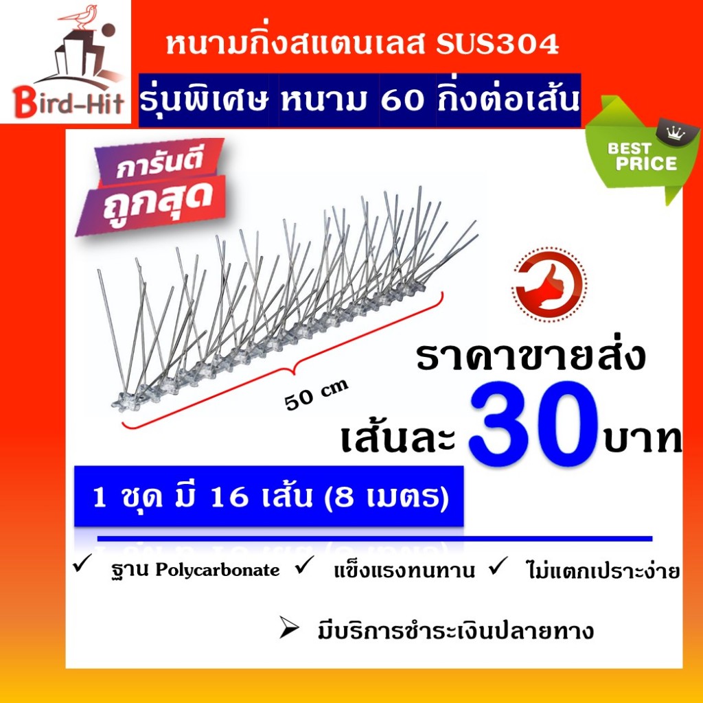หนามกันนก​ ไล่นก​ หนามฐานโ​พลี​คาร์บอเนต​ รุ่นพิเศษ​ หนาม​ 60​ กิ่งต่อเส้น​ จำนวน​ 16 เส้น​