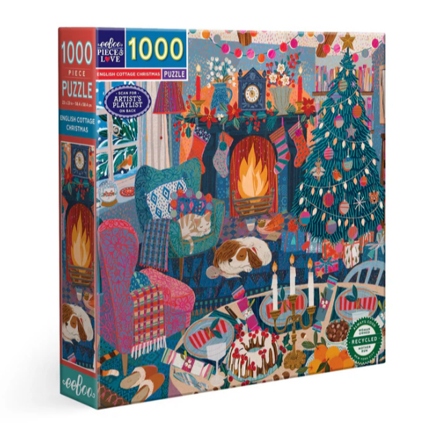 eeboo English Cottage Christmas 1000 Pc Sq Puzzle จิ๊กซอว์รูปคริสมาสต์ในกระท่อมอังกฤษแบบ 1000 ชิ้น
