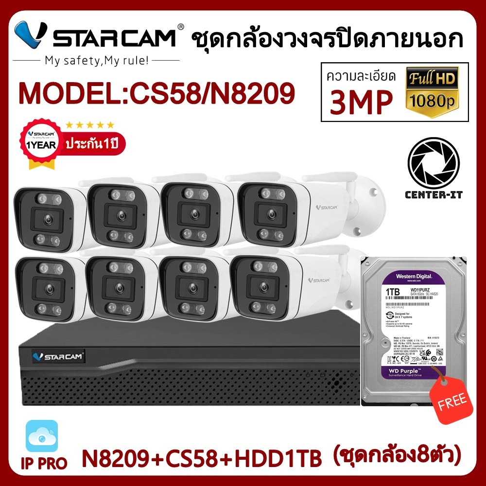 Vstarcam ชุดกล้องวงจรปิด รุ่นCS58 พร้อมกล่องNVR N8209พร้อมHDD (ชุดกล้อง8ตัวอุปกรณ์ครบชุด)