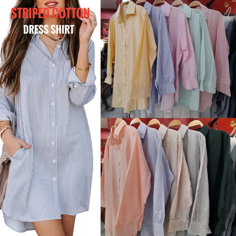 mini dress shirt เชิ้ตกระดุมผ่าหลังผ้าcottonลินิน ลายริ้ว