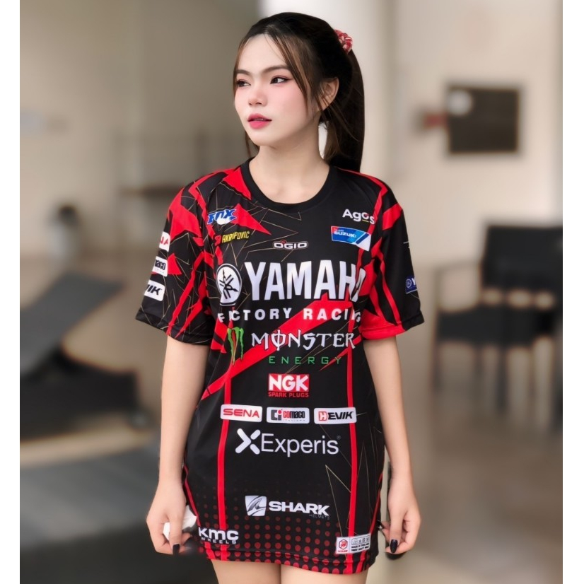 เสื้อยืด YAMAHA เสื้อกีฬา ผ้าไมโครมันพรีเมี่ยมเกรดA สีดำคาดแดงป้าย LP