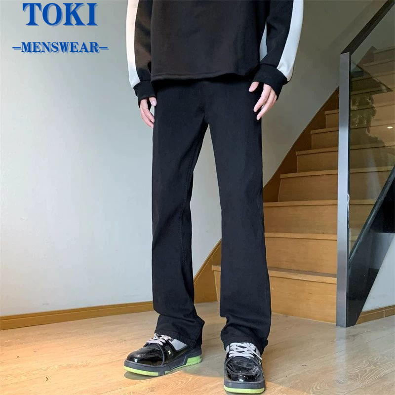 toki-กางเกงยีนส์ชายขายาว กระบอกดำ ผ้ายีนส์ไม่ยืด เอวสูง ทรงวินเทจ ทรงกระบอก