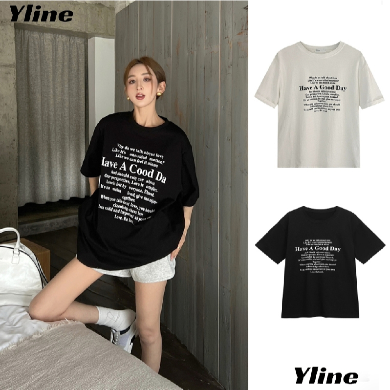 Yline เสื้อยืดแขนสั้นผู้หญิงผ้าฝ้ายบริสุทธิ์ตัวอักษรหลวมด้านบนนักเรียนที่มีความยาวปานกลาง