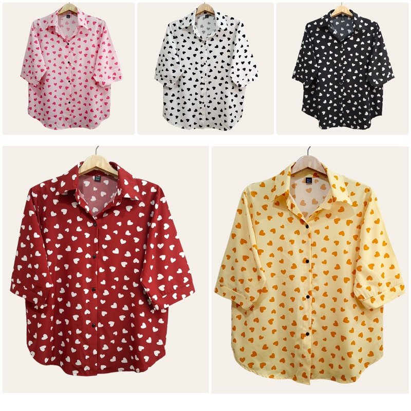 (อก 44”) เสื้อเชิ้ต เเขนสามส่วน ผ่าหน้า ลายหัวใจ ผ้าไหมอิตาลี ไม่ต้องรีด