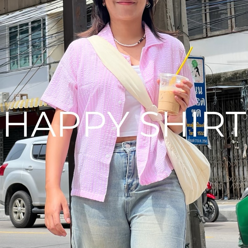 am.simple.clothes - Happy shirt - เสื้อเชิ้ตริ้วขาว