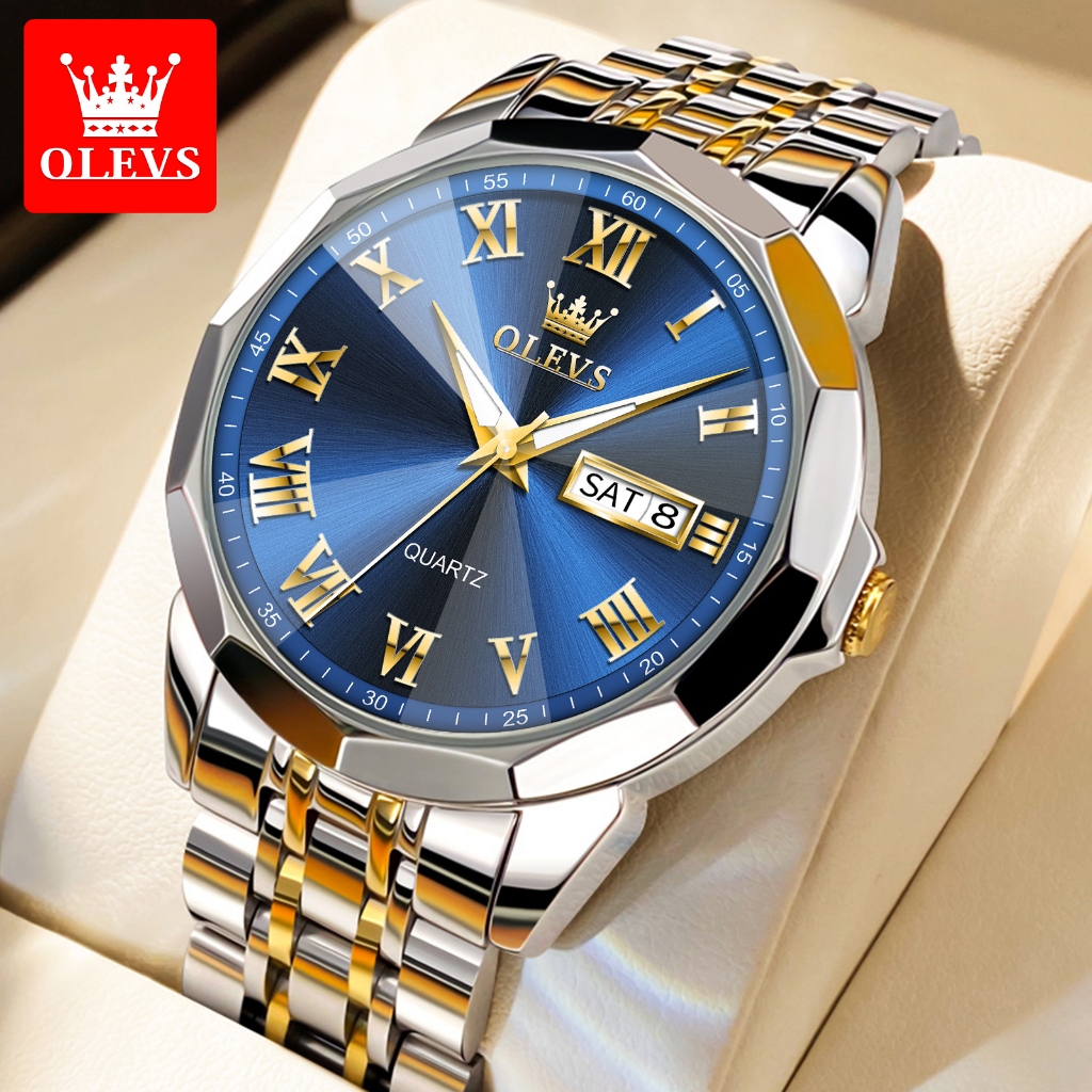 OLEVS นาฬิกาผู้ชายแท้ กันน้ำ 100% แบรนด์ดัง ควอตซ์ สแตนเลสสตีลปฏิทินคู่ส่องสว่างหรูหราแฟชั่น 9990