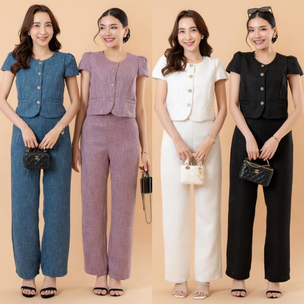 AN524 เซ็ตเสื้อทวิตแขนเจ้าหญิงแต่งกระดุมหน้า+กางเกงขายาว The Alner Women Clothing Lady