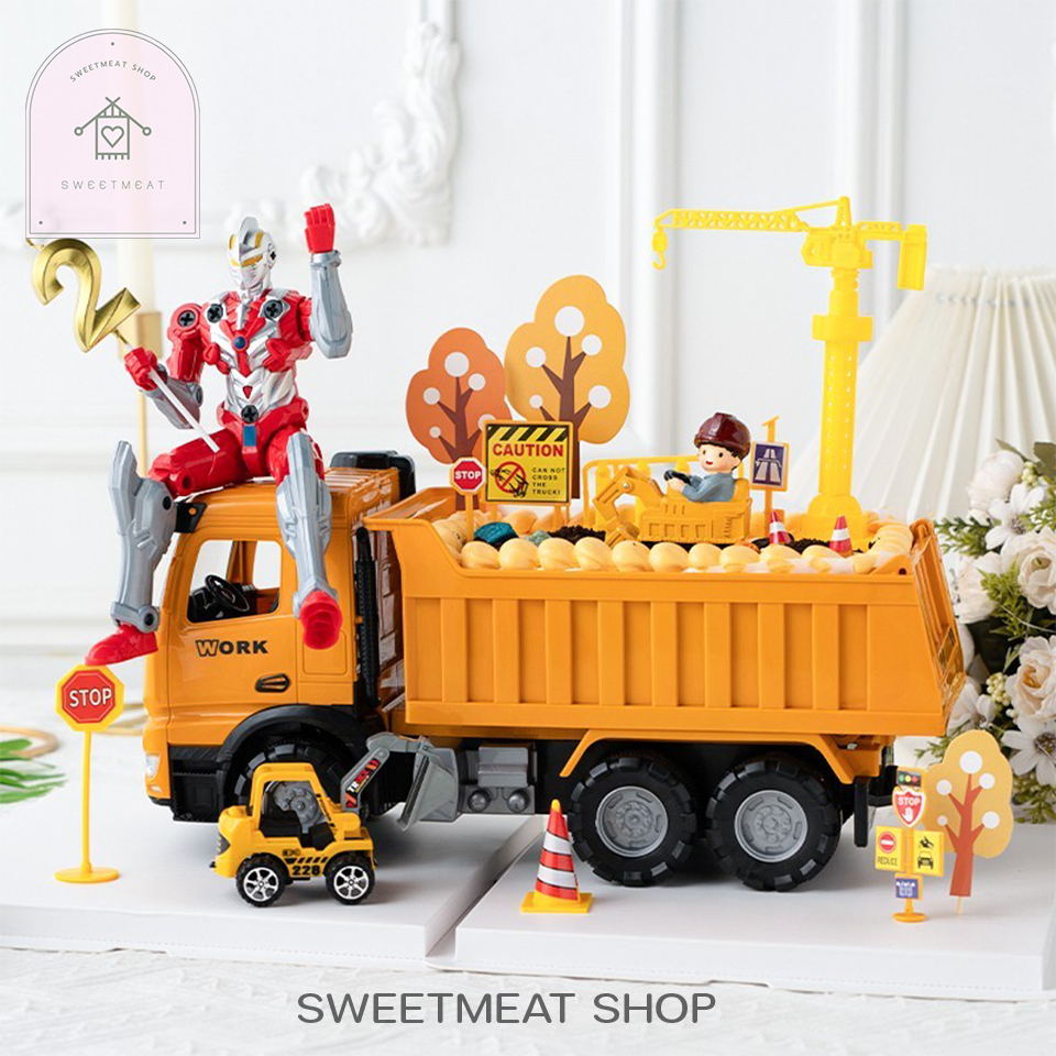 โมเดลรถดั้ม Dump truck รถของเล่นตกแต่งเค้ก  โมเดลรถแม็คโคร โมเดลเครนยก ตรีมรถก่อสร้าง แต่งเค้ก
