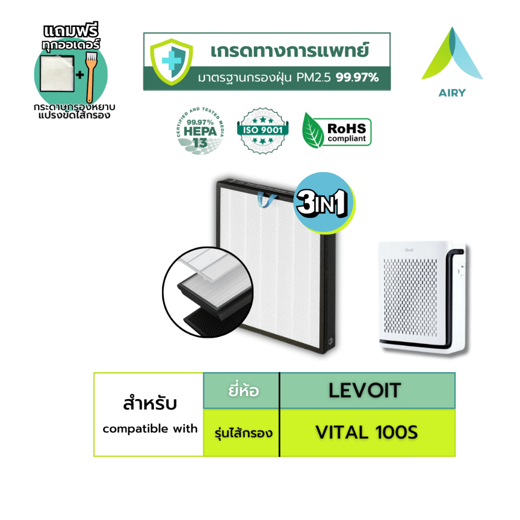 AIRY ไส้กรองอากาศ ไส้กรอง 3IN1 LEVOIT VITAL100S ฝุ่นPM2.5 แบคทีเรีย สัตว์เลี้ยง เกรดแพทย์ HEPA H13