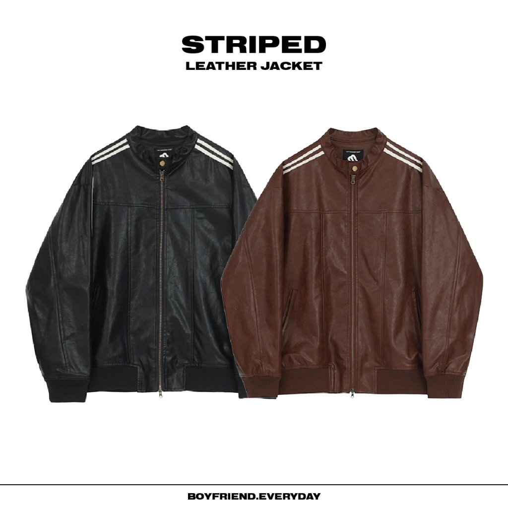STRIPED LEATHER JACKET เสื้อแจ็คเก็ตหนัง PU